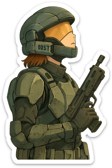 A female odst, right shoulder profile, helmet on, looking up to the sky, holding their trademark suppressed smg at ease sticker