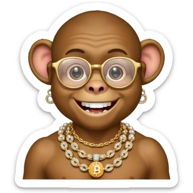 rich monkey with glasses smiling with diamond grillz and a bitcoin golden chain with diamond pearls sticker