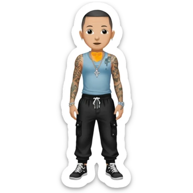 Chester Bennington with black sequin baggy pants, shirtless with necklace sticker