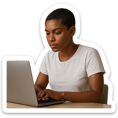 A short-haired girl with a dark complexion, white features, using a laptop, simple and clear composition, realistic style, natural lighting, detailed sticker