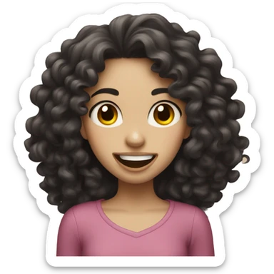 a girl with pale skin, long curly dark hair, sticking her tongue out happily sticker