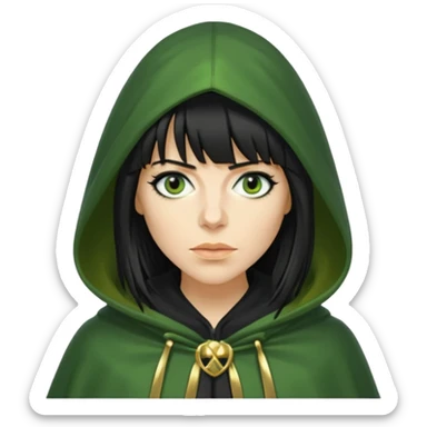 claudia winkleman with a heavy fringe as a traitor with a green hooded cloak with a gold clasp and dark black eyeliner sticker