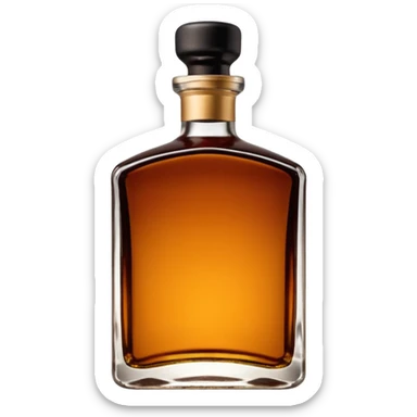 short square-shouldered glass bottle filled with rich amber-brown liqueur, dark glossy glass, wide black or dark brown cap, compact elegant silhouette, no label, no garnish, sealed bottle, soft lighting, subtle shadows, emoji scale sticker