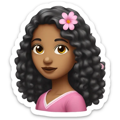 srilankan girl with long black curly hair, almond eyes and a pink flower tucked behind her ear  sticker