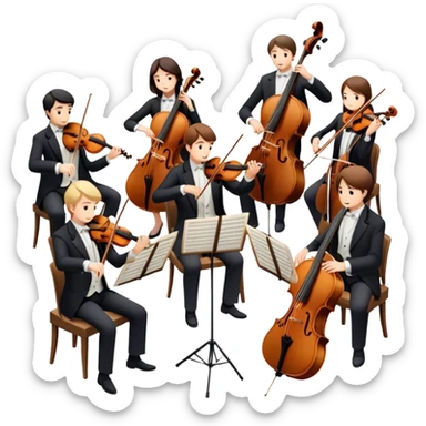 Icon for Classical Music: chamber orchestra with 4-5 musicians playing string instruments (violins, violas, cellos) and a conductor leading the ensemble. The intimate, refined atmosphere. Transparent background. sticker