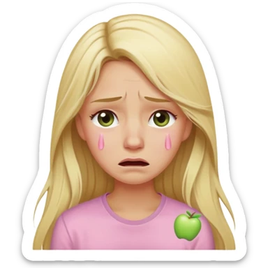 blonde with long hair and swamp-colored eyes, wearing a pastel pink shirt, crying, iOS Apple emoji style sticker