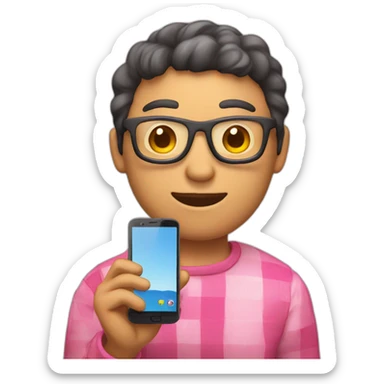 holding a smartphone with big pink check on the screen sticker