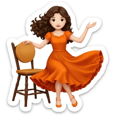 Long dark wavy hair women in orange standing and twirling around a chair  sticker