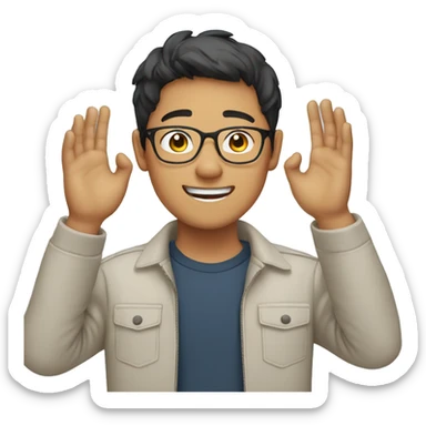 smiling young asian man who wearing glasses putting hands up sticker