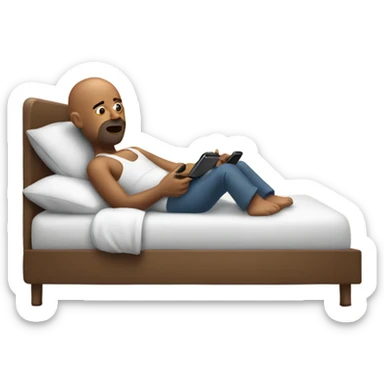 Bald brown man being lazy in bed with phone in hand sticker