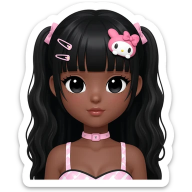 himegyaru, my melody hairclip, cutecore, doll eyes, Doll, big chest, dark brown skin, with middle part wavy long black hair,  black cute eyes, cute lips with Gyaru outfit sticker