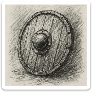 wooden round shield with metal boss, hand-drawn sketch style sticker
