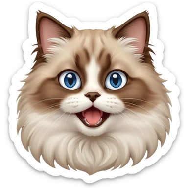 cinematic-adorable-big-eyed-fluffy-brown ragdoll-cat-portrait-emoji,-head-tilted-playfully-with-a-cute,-yawn,-white and brown fur,-simplified-yet-irresistibly-cute-features, blue eyes sticker