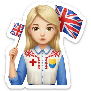 A Ukrainian girl wearing an embroidered shirt holds a British flag sticker