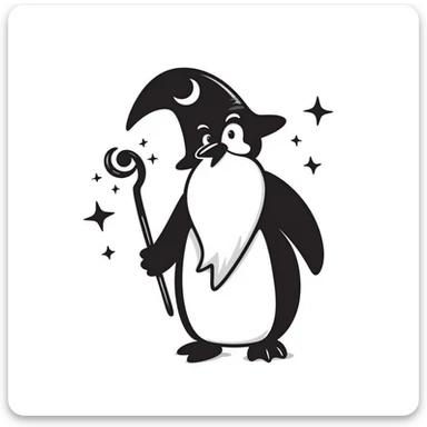 a penguin wizard with a long white beard, pointed hat, and magical staff sticker