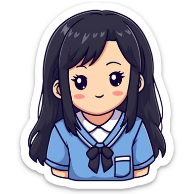 Happy Japanese schoolgirl with long black hair and blushing face sticker