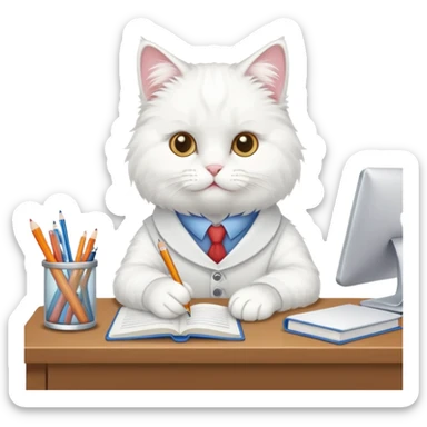 White cat that is studying for a exam sticker