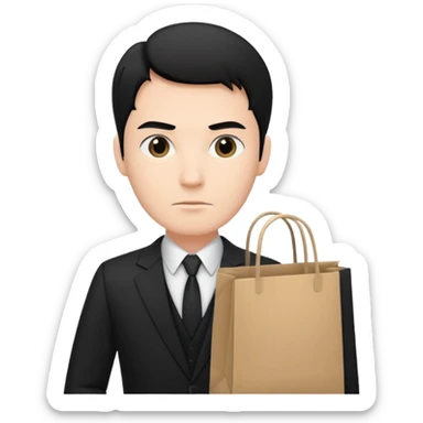 elegant serious man black hair in a black suit with clothing shopping bag sticker