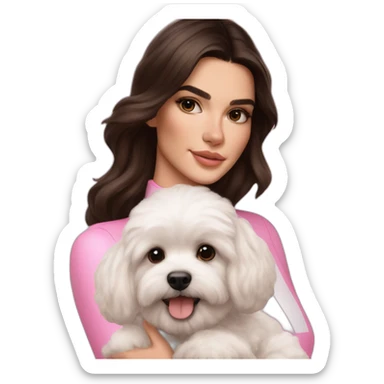 brunette Kendall Jenner with long hair holding on the hands white maltipoo wearing pink collar sticker