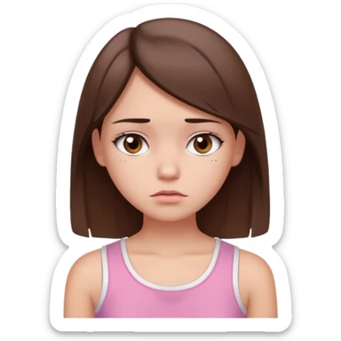 Koyu kahverengi orta boyda düz saçlı koyu kahverengi gözlü pembe beyaz crop tişört kıyafetli  açık tenli kız mutsuz sticker