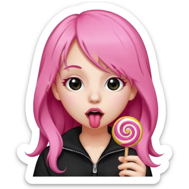 Cute girl with long pink hair wearing black licking a lolli sticker