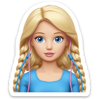 plastic barbie doll tightly bound with tangled AUX cables. sticker