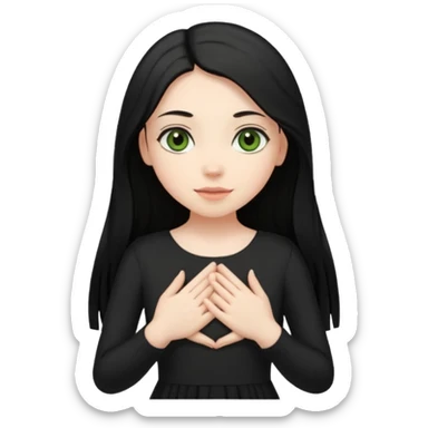 Pale girl with long black hair and olive green eyes soft smile wearing black dress and holding hands over her chest sticker