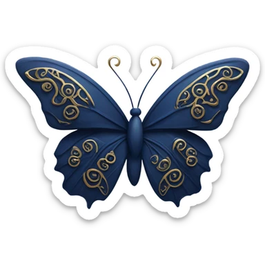 detailed and elegant navy blue butterfly with several gold accents and swirls, single butterfly sticker