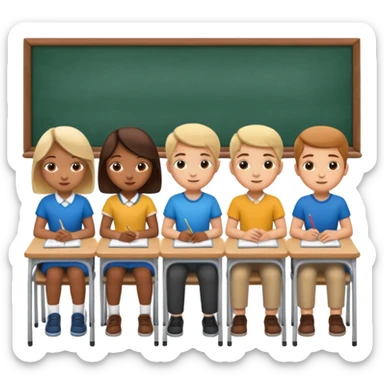 five school children not wearing uniform sitting in a row behind their school desks sticker