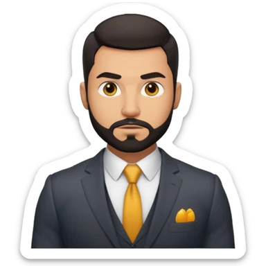 green eyes, dark short hair, muscular shoulders, big lips big nose big eyes, masculine good looking, dark beard wearing a suit . buttons of the shirt open. and olive skin tone  sticker