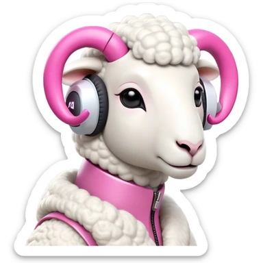 Sheep character with minimalist features and a distinctive high-tech earpiece that wraps around one ear. The earpiece should be sleek, futuristic and neutral-colored (silver or white) that complements the sheep's clean white body. The sheep has a trendy asymmetrical wool haircut dyed vibrant pink, with one side featuring an undercut style. The sheep wears simple, minimalist clothing without bold colors. Simple, bold shapes with minimal details but with a confident, slightly smirking expression that gives off a true trendsetter vibe - like this sheep is always ahead of the curve and knows it. sticker
