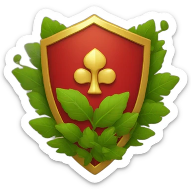 a red shield with a golden border and shrubbery behind it in a circular shape sticker