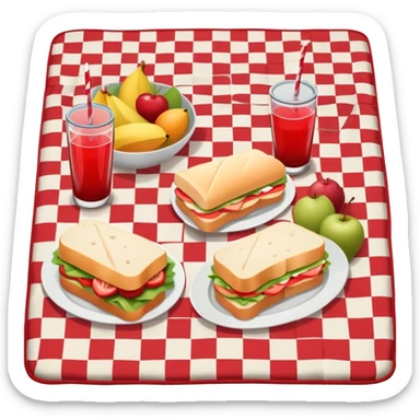 picnic with sandwiches, fruits, and drinks on a red and white checkered blanket sticker