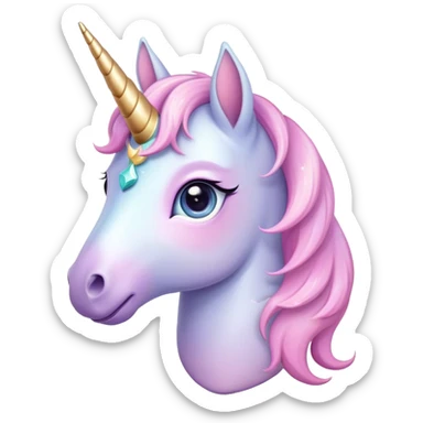 Cinematic Cute Unicorn Pony Portrait Emoji, Head tilted playfully and inquisitively, featuring a charming, diminutive form with a gentle pastel color, a delicate, sparkling horn and large, dreamy eyes full of wonder, Simplified yet irresistibly adorable features, highly detailed, glowing with a warm, magical glow, high shine, affectionate and lively, stylized with a touch of whimsical charm, soft glowing outline, capturing the essence of a mischievous yet endearing unicorn pony that seems as if it could prance out of the screen into your arms! sticker