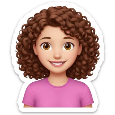 cute brown haired girl with curly hair and bright smile, make it pixar style sticker