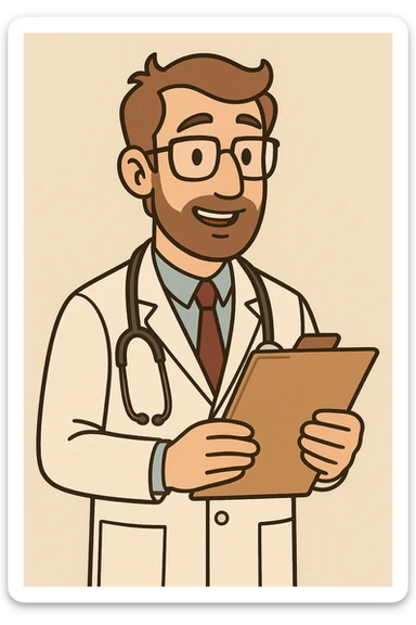 doctor, male, glasses, with medical chart, approachable, cartoon style sticker