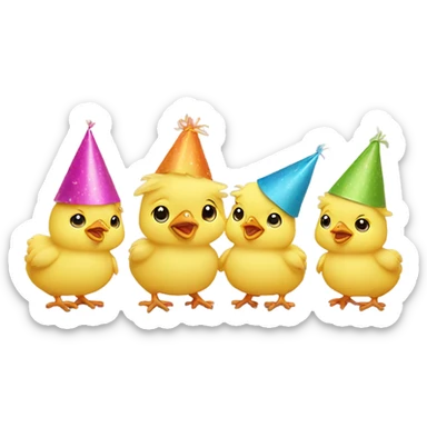 4 baby yellow chickens, wearing party hats sticker