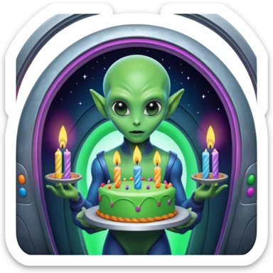 A detailed alien holding a colorful birthday cake with lit candles, standing inside a futuristic spaceship, cinematic lighting, ultra realistic textures, high resolution, dramatic shadows, sci-fi atmosphere
 sticker