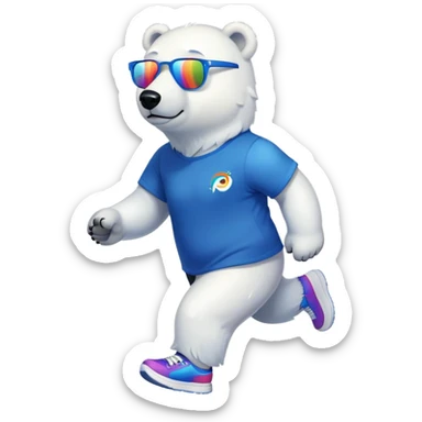 strong-looking friendly anthropomorphised polar bear walking with a confident stride, wearing a royal blue t-shirt, black pants, trainers, and colorful rainbow glasses sticker