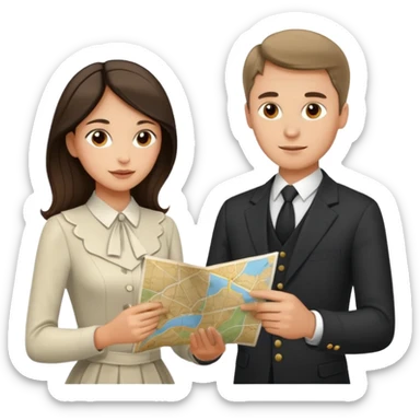 Russian man and elegant Spanish girl in elegant outfits with a map planning  sticker