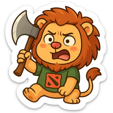 lion with human features holding an axe playing Dota, Telegram sticker style, bright colors, funny facial expression sticker
