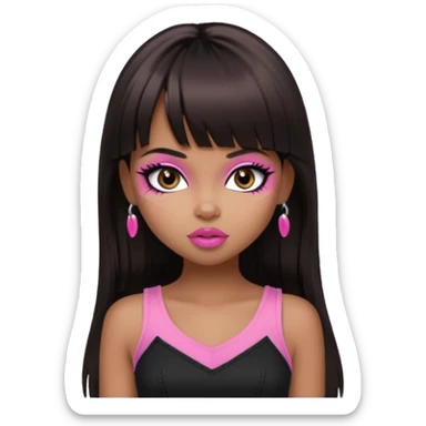 generate a pretty bratz girl in black cami top, dark brown straight long hair with bangs, eyeliner on, dark brown eyes sticker