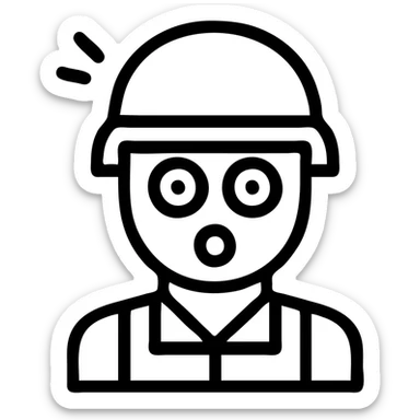 flat outlined icon of a confused or surprised soldier, helmeted, cartoonish wide-eyed look, optimized for app or website icon sticker