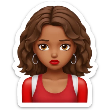 generate a pretty tan bratz girl with brown wavy hair long wearing a red tank top, red lipstick. Looking sad sticker