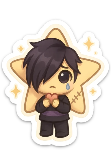 emo star, chibi style, black and purple, stitched, teardrop, dramatic shadows, big eyes, pastel palette, holding a tiny heart, surrounded by sparkles sticker