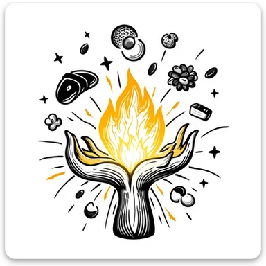 Glowing muscle fibers illuminated from within, vibrating and expanding with energy. Food icons (meat, egg, beans, tofu, yogurt) orbit around the muscle fibers in a warm floating orb. sticker