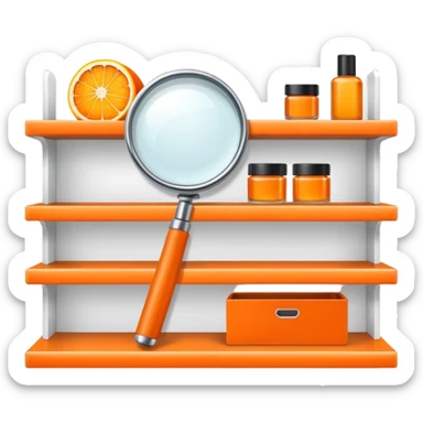 front view magnifying glass over orange beauty product shelf searching for last item sticker