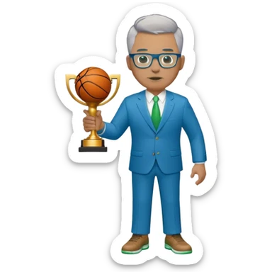full body plus size male basketball coach with short light brown mixed with gray hair color wearing glasses wearing blue and green suit holding a trophy sticker