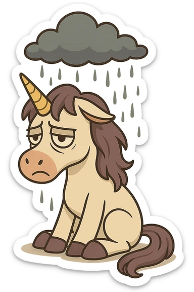 Remove the background, keep the melancholic unicorn sitting alone with a raincloud overhead, soft shading, transparent background. sticker