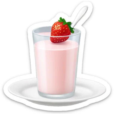 hot strawberry milk in a white glass with a small plate underneath and Above it is a spoon sticker